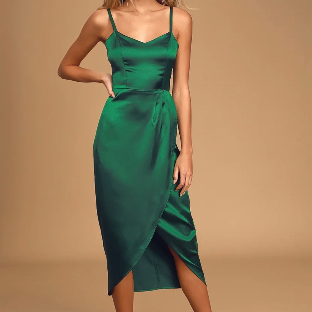 Lulu’s I'm Impressed Forest Green Satin Midi Dress
